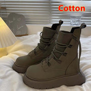 Women's thick sole Martin boots in stylish gray, front lace-up design for a professional look.