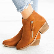 Fashionable suede ankle boots for women with a wedge heel, showcasing a stylish zipper detail and warm color.