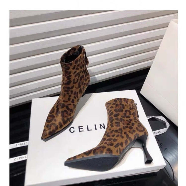Leopard Pointed Toe Stiletto Heel Ankle Boots For Women