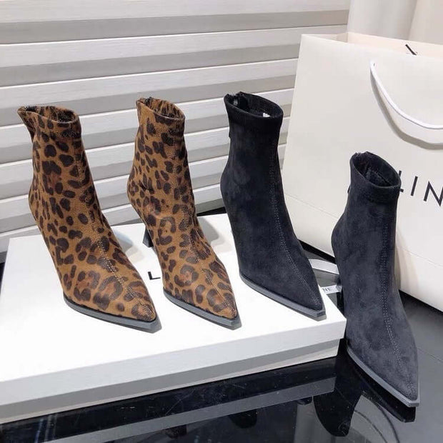 Leopard pointed toe stiletto heel ankle boots for women, stylish suede design in leopard and black colors.